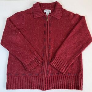 Vintage Burgundy Red‎ Zip Front Chunky Sweater Cardigan Large Cabin Core Cottage